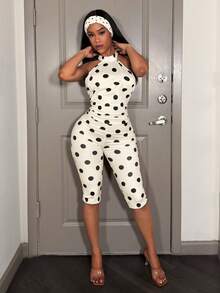 Slaydiva 新款春季、春夏音乐节、情人节、复活节休闲、简约基础风、Y2K街头风、甜美流行风、邮轮度假、日常约会、辣妹风、性感派对、吊带、系带、露背、收腰、褶皱紧身裤、七分裤、白色底、黑色波点连体裤、女士紧身连体裤 -A - 淡黃色 - 查看 7