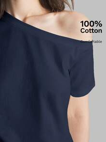 Ontre 2026SS Women's Solid Color Asymmetric Neck Short Sleeve Casual T-Shirt, Versatile Minimalist Style For Vacation - Navy Blue - View 2
