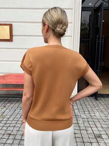 Vivie Lora 中老年女性圆领蝙蝠袖短袖针织上衣 夏季 - 棕色 - 查看 8