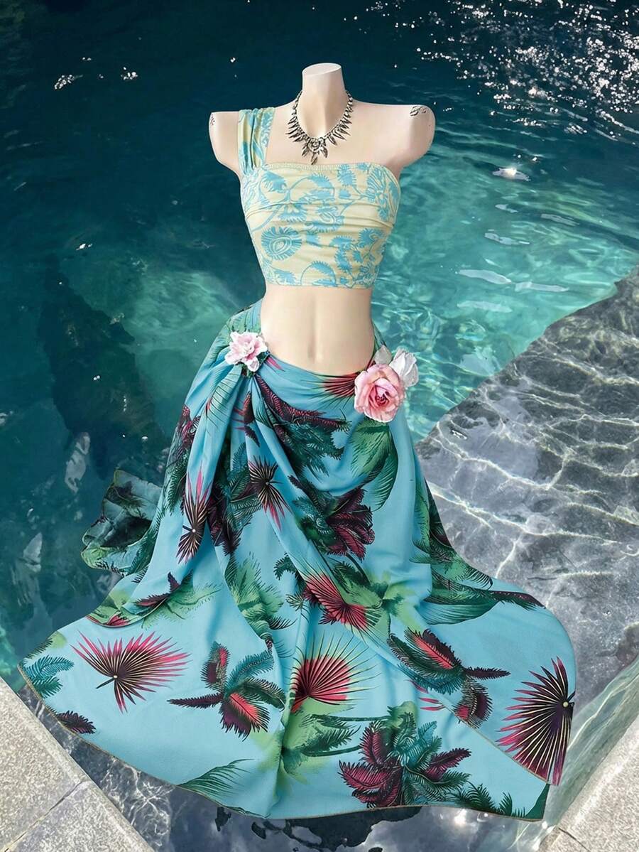 Sweetra 大码热带印花露背上衣和半身裙两件套，度假/海滩装 - 彩色 - 查看 1