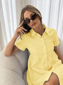 Siren Gaze 女士纯色单排扣休闲派对外出迷你连衣裙 - 淡黃色 - 查看 5