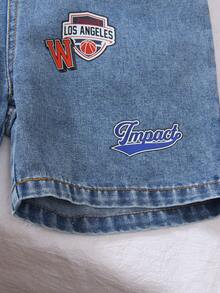 1pc Young Boy Retro American Style Denim Bib Shorts With Large Pockets Graphic Prints Summer Back-To-School Daily Wear Music Festivals Baby Blue - Blue - View 8