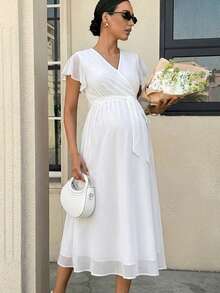 MaterniWear 夏季孕妇优雅裹身领荷叶边连衣裙 - 白色 - 查看 6