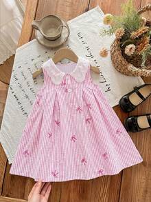 SHEIN LMoss Kids 女婴可爱休闲夏季条纹刺绣彼得潘领连衣裙 - 彩色 - 查看 1