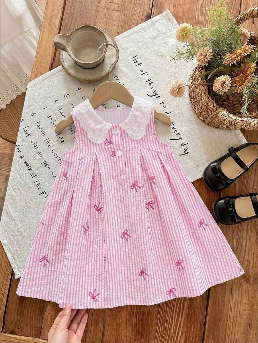 SHEIN LMoss Kids 女婴可爱休闲夏季条纹刺绣彼得潘领连衣裙 - 彩色 - 查看 1