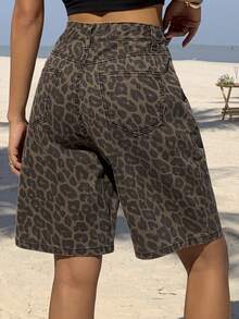 SHEIN PETITE Women's Leopard Print Slant Pocket Casual Wide Leg Denim Shorts - Brown - View 2