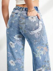 SHEIN Tall 女士带口袋纽扣花卉图案休闲百搭日常穿着阔腿牛仔裤 - 藍色 - 查看 3