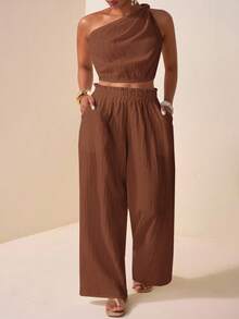 Veslaya Western Style, Nomadic Style, Birthday Party, Graduation Season, Student Wear, Daily Casual, Vacation, Cruise Travel, Business Casual Twist Knot Cropped Women's Top And Loose Textured Pocket Wide Leg Pants Plus Size Women's Set Valentine's Day Outfit - Brown - View 1