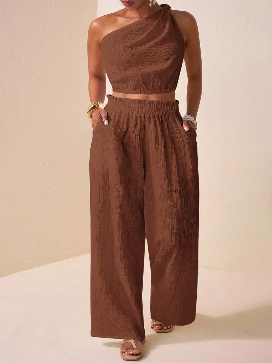 Veslaya Western Style, Nomadic Style, Birthday Party, Graduation Season, Student Wear, Daily Casual, Vacation, Cruise Travel, Business Casual Twist Knot Cropped Women's Top And Loose Textured Pocket Wide Leg Pants Plus Size Women's Set Valentine's Day Outfit - Brown - View 1