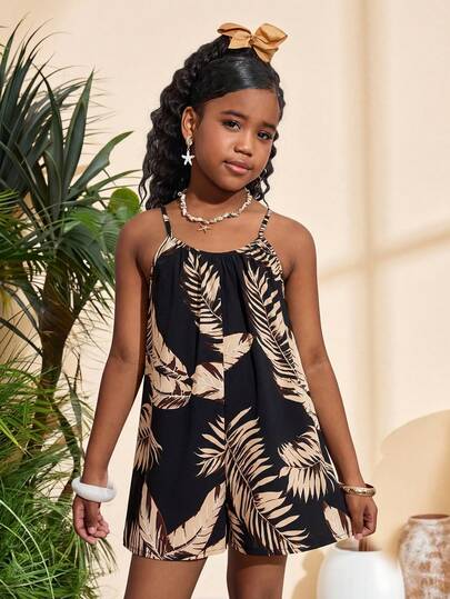 SHEIN Tween Girl Casual Vacation Fashionable Leopard Print Loose Fit Jumpsuit