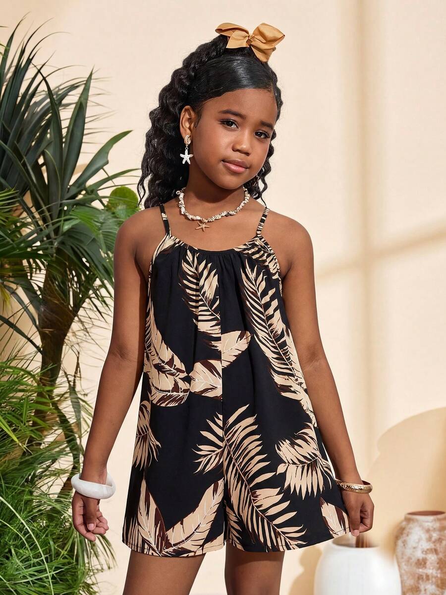 SHEIN Tween Girl Casual Vacation Fashionable Leopard Print Loose Fit Jumpsuit - Black - View 1