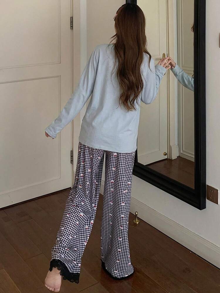 2pcs Cartoon Print Lace Patchwork V-Neck Loose Long Sleeve T-Shirt & Plaid Pants Women Pajama Set