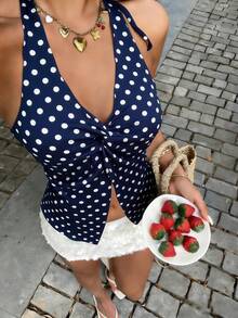 Sundraya 女士夏季波点印花前扭结露背上衣 - 彩色 - 查看 1