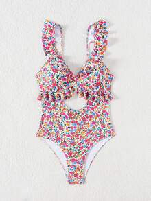 Swim Vcay 2026春夏新款玫红色小碎花随机印花可调节吊带V领可爱度假风连体比基尼泳衣（女款） - 彩色 - 查看 2