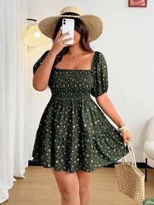 Vionelle 大码女式短款花瓣袖碎花休闲连衣裙 - 綠色 - 查看 1