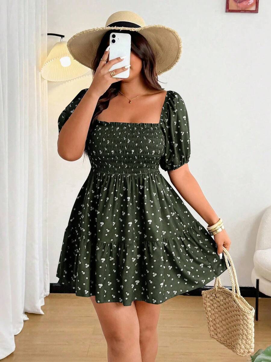 Vionelle 大码女式短款花瓣袖碎花休闲连衣裙 - 綠色 - 查看 1