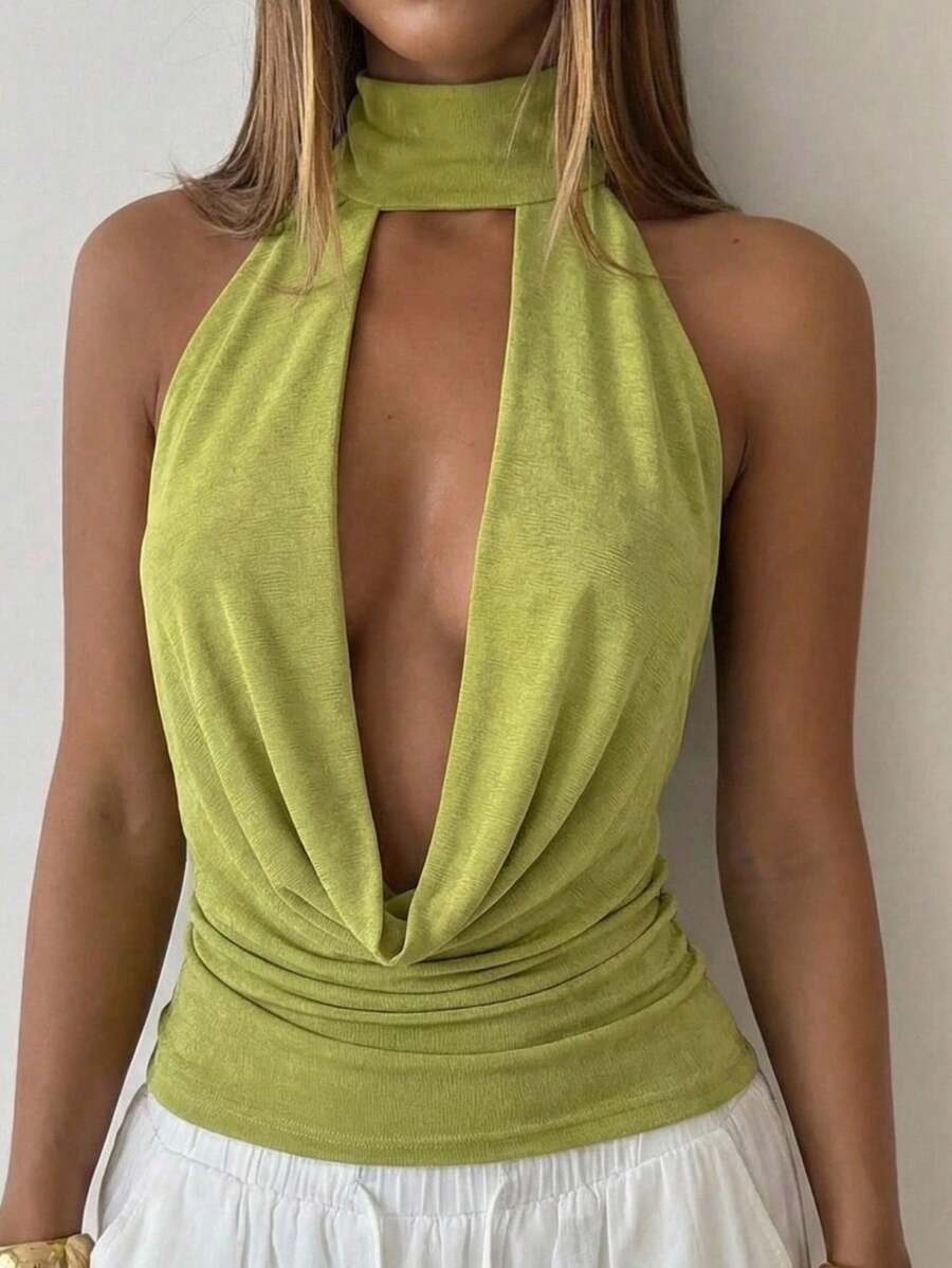 SHEIN EZwear 女士绿色针织露背吊带背心 - 橄欖綠 - 查看 1