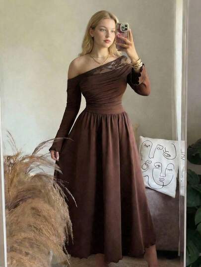 SHEIN MOD Vestido de encaje vintage marrón con parches y hombros descubiertos para mujer de talla grande