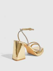 CUCCOO SZL Women's Square Toe Rhinestone Ankle Strap Sandals For Christmas Prom Heels Summer Shoes - Gold - View 5