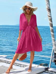 Swim Vcay Vestido de cubierta con cuello en V profundo y mangas tipo murciélago, adecuado para vacaciones de verano - Rosa Fucsia - Ver 5
