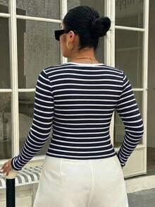 Dazy Plus Elastic Fitted Solid Color Versatile Crew Neck Long Sleeve Black T-Shirt, Spring/Summer/Autumn - Navy Blue - View 4