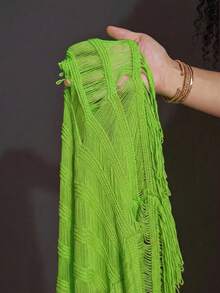 Slaydiva Plus Size Summer Sleeveless Hollow Out Sheer Dress - Green - View 8