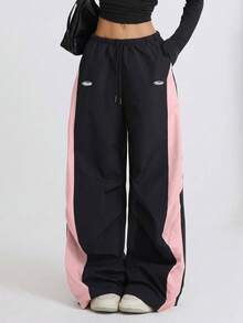 SHEIN PETITE CURVE 大码女式夏季音乐会街头风撞色降落伞裤 - 粉色 - 查看 5