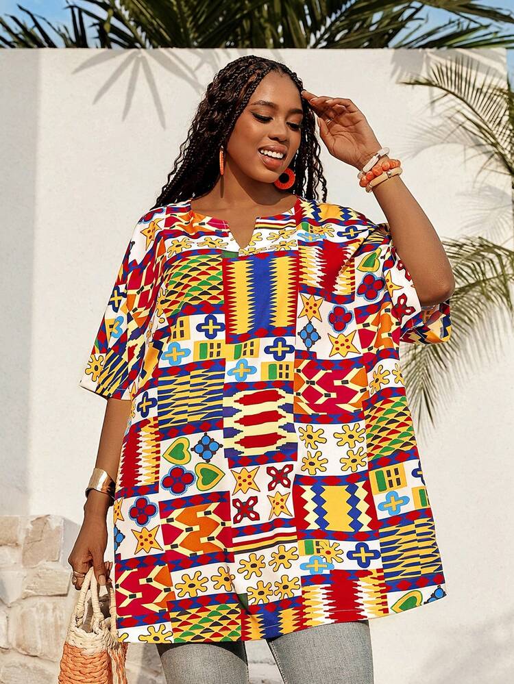 Plus Size Women Geometric Print Short Sleeve Casual Shirt