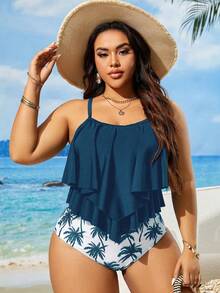 Swim Lushoire Bộ đồ bơi tankini cỡ lớn, màu trơn, dây mảnh, in hình cây dừa. - Màu xanh ngọc - Xem 4