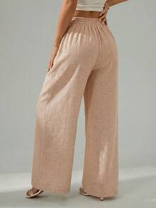 SHEIN PETITE Quần nữ bằng vải lanh trơn màu, ống rộng, có túi, kiểu dáng công sở, phong cách cổ điển, quần ống rộng, trang phục mùa hè cho nữ, đồ đi biển, trang phục đi nghỉ mát, quần nữ. - Màu Khaki - Xem 2