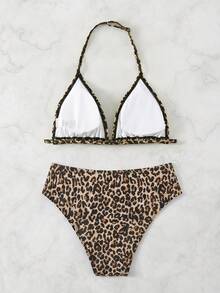 SHEIN Teen Girl Leopard Print Spaghetti Strap Crop Top And Bottom Bikini Swimsuit Set, Summer Holiday - Apricot - View 2