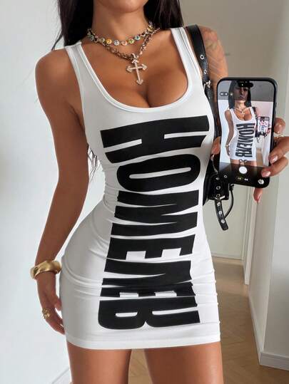 SHEIN HypeZone 女士复古超大字母印花修身吊带连衣裙