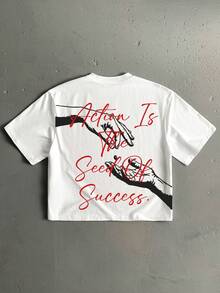 Manfinity ZONE917 Short God's Hand Red 3D Slogan Print White Cropped Loose Fit Short Sleeve T-Shirt, Suitable For Spring/Summer, Great Gift For Friends - White - View 1
