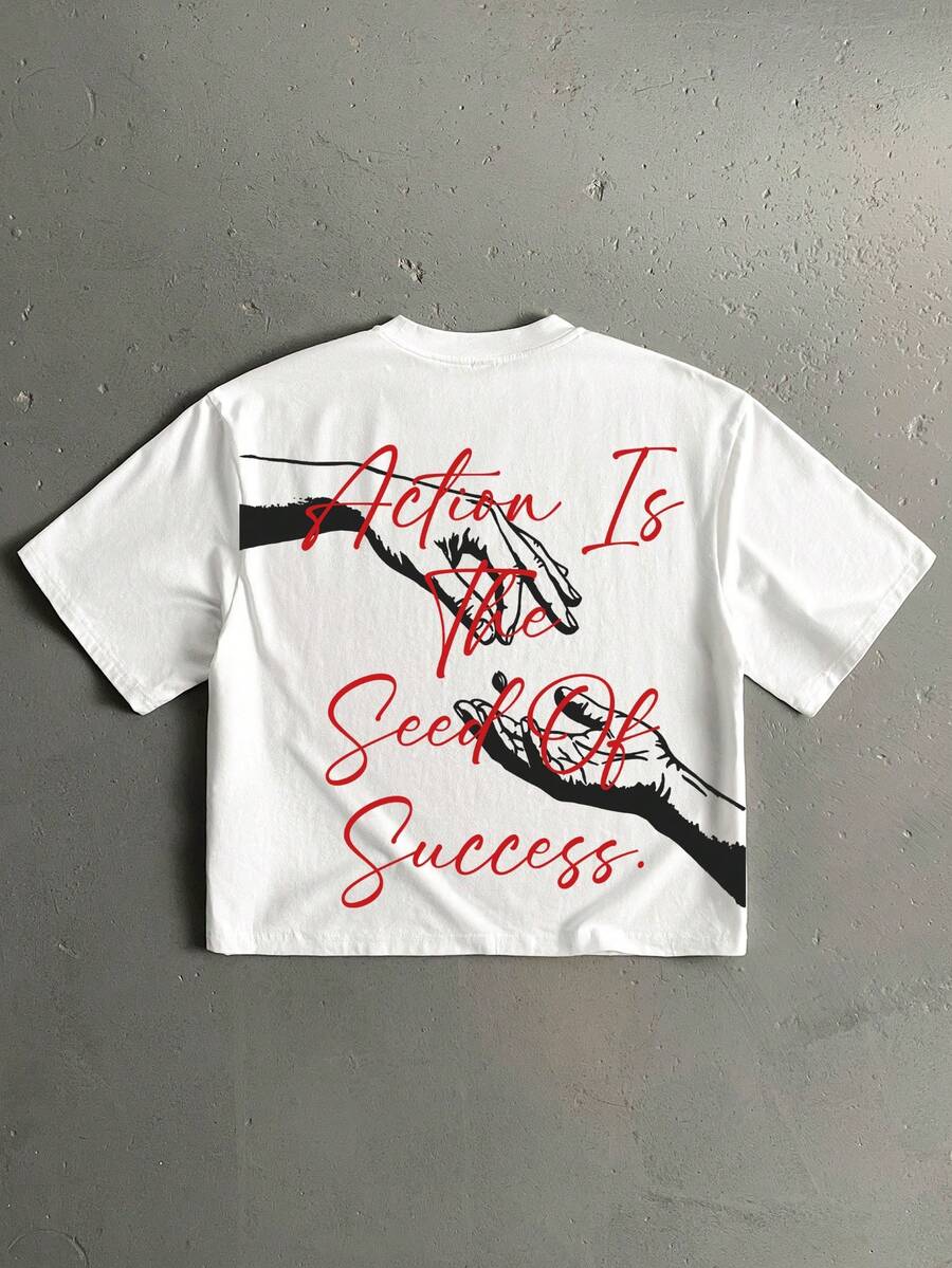 Manfinity ZONE917 Short God's Hand Red 3D Slogan Print White Cropped Loose Fit Short Sleeve T-Shirt, Suitable For Spring/Summer, Great Gift For Friends - White - View 1