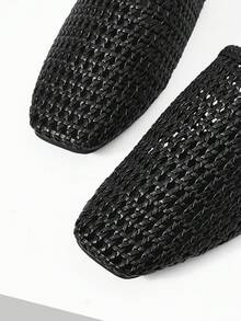 Mnmlis 女士新款时尚编织镂空平底方头乐福鞋 - 黑色 - 查看 3