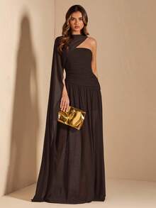 SHEIN BAE Đầm chữ A không tay xếp ly dành cho nữ, đầm phù dâu thanh lịch, đầm ngày Valentine, đầm sinh nhật, đầm tốt nghiệp, đầm xuân/hè. - Cà phê nâu - Xem 1