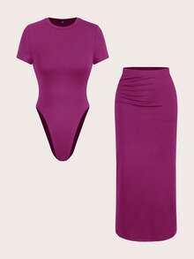 SHEIN Essnce Plsize 女士休闲两件套，针织套装，连体裤和半身裙套装，夏季两件套，休闲女装，黑色正式连衣裙，女士绷带连衣裙夏季套装 - 中紫紅色 - 查看 8