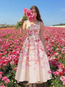 SHEIN MOD Plus Size Women's Pastel Pink Floral Mid-Length Dress,Summer Curve Beach Vacation,Valentine's Day Picnic Party,Holidays Festival Wedding Garden Wear - Multicolor - View 8