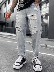 Artur Kramer Quần jean denim rách vừa vặn cho nam - Rửa nhẹ - Xem 6