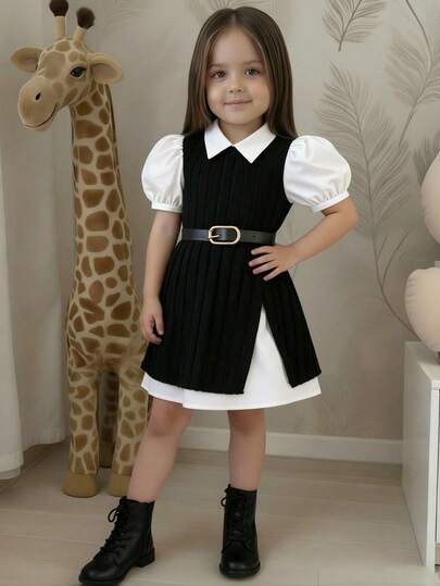 Đầm dài tay 2 trong 1 phối màu dễ thương cho bé gái, thích hợp cho mùa xuân/hè.