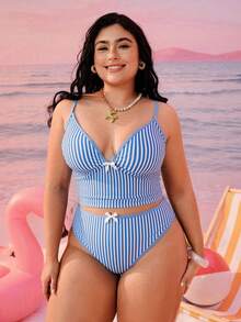 Swim Mod 2026新款加大码女式两件套几何印花时尚休闲泳装，可调节加宽肩带高腰吊带背心式泳衣，饰有蝴蝶结 - 藍色 - 查看 5