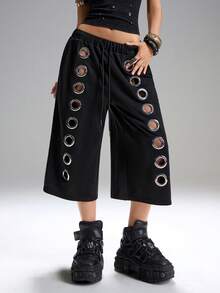 LYSMO 女士抽绳腰带镂空口袋宽松百慕大短裤 - 黑色 - 查看 6