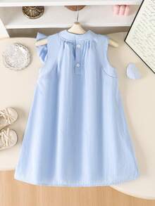 Elladie kids Đầm thanh lịch tối giản với nơ lớn dành cho bé gái, thích hợp cho mùa hè. - Màu xanh nhạt - Xem 2