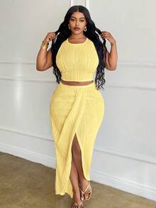 Slaydiva Slayr Plus Size White Solid Slim Fit 2 Pieces Outfit 2pcs/Set - Light Yellow - View 1