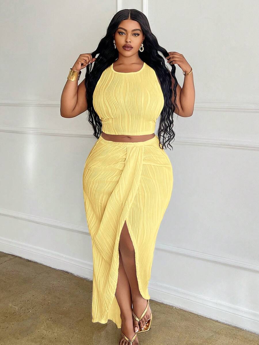 Slaydiva Slayr Plus Size White Solid Slim Fit 2 Pieces Outfit 2pcs/Set - Light Yellow - View 1