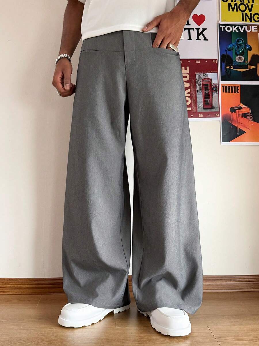 TOKVUE Pantalones casuales de uso diario y para ir al trabajo, de corte holgado y pierna ancha, minimalistas y versátiles para hombres - Gris - Ver 1