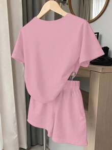 Bộ 2 món dành cho nữ tuổi teen, phong cách tối giản, họa tiết gấu hồng, tay ngắn, cổ tròn và quần short, thời trang, đa năng, thoải mái, thích hợp mặc hàng ngày, phù hợp cho mùa xuân, hè, thu, đông. - Hồng - Xem 2