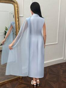 Modelyn Women's Long Scarf Collar Sleeveless Long Blazer - Blue - View 2