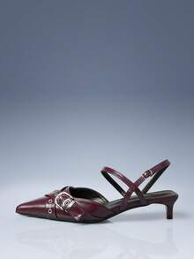 CUCCOO GRLICON Giày cao gót nữ, màu đỏ tía, da bóng, mũi nhọn, hở gót, khóa kim loại lớn, quai chéo, gót thấp, thích hợp cho mùa nghỉ lễ, xuân/hè, phong cách Y2K những năm 2000. - Màu Đỏ Sâu - Xem 1