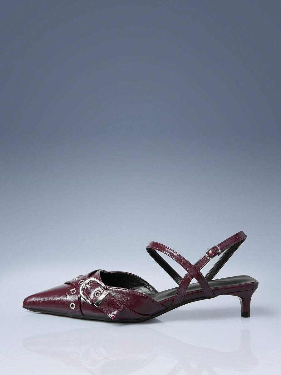 CUCCOO GRLICON Giày cao gót nữ, màu đỏ tía, da bóng, mũi nhọn, hở gót, khóa kim loại lớn, quai chéo, gót thấp, thích hợp cho mùa nghỉ lễ, xuân/hè, phong cách Y2K những năm 2000. - Màu Đỏ Sâu - Xem 1